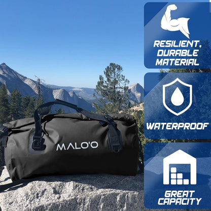 Malo’o Waterproof Dry Duffel, Heavy-Duty Roll Top Waterproof Gear Bag with Shoulder Strap & Molle Loops, Marine Duffel for Kayaking, Boating, Camping, Beach & Travel, Black, 100L