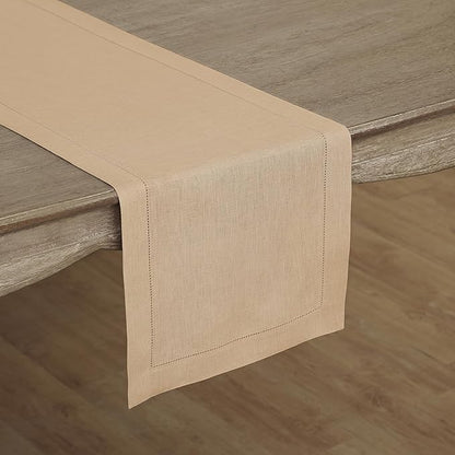 Solino Home Linen Table Runner 36 Inches - 100% Pure Linen Beige Hemstitch Table Runner 14 x 36 Inch Ideal for Dresser and Coffee Tables - Christmas, New Year - Classic Hemstitch