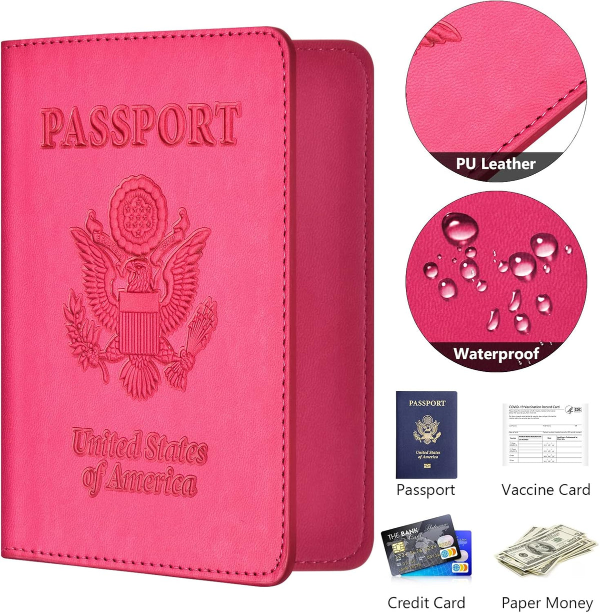 Passport and Vaccine Card Holder Combo, with Slot, Wallet, Cover, Case, for Women Men(AD-Rose Red)