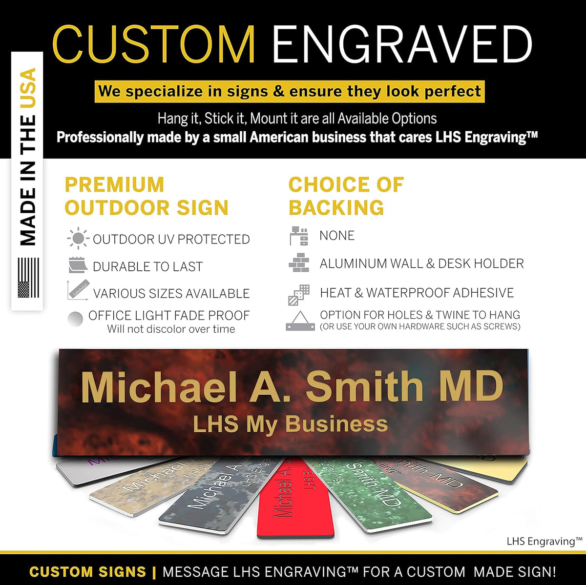 Engraved Name Plates for Door Sign Personalized Burlwood Plastic Plaque with Gold Letters - Made in USA 2x12 N2