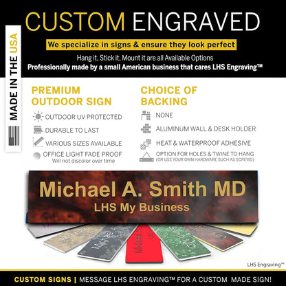 Engraved Name Plates for Door Sign Personalized Burlwood Plastic Plaque with Gold Letters - Made in USA 2x12 N2