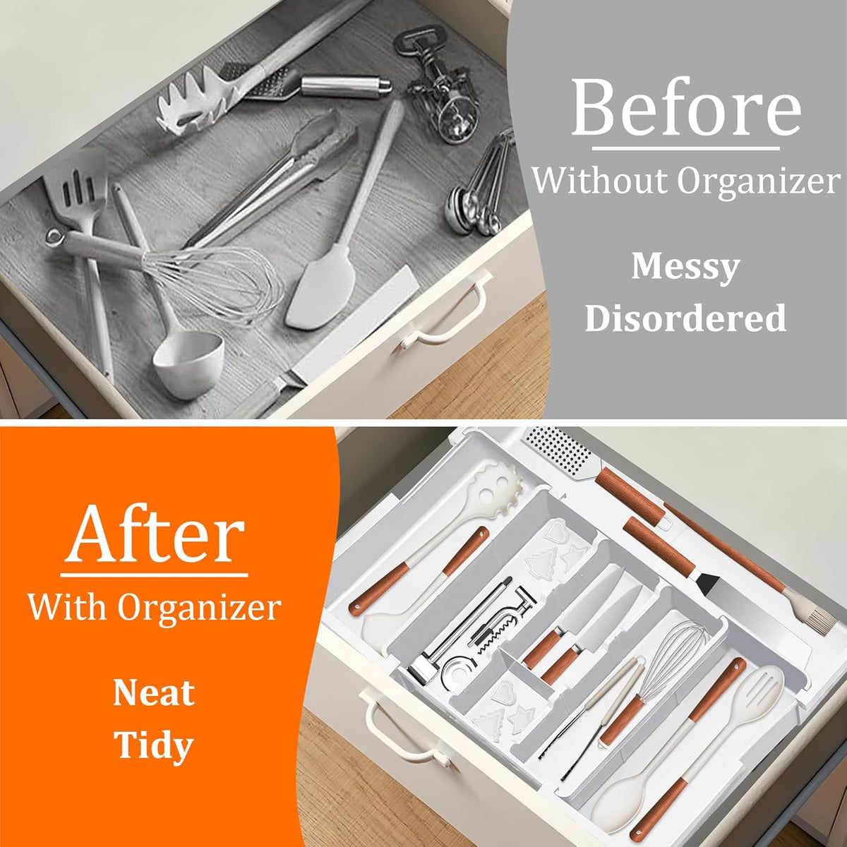 Large Utensil Drawer Organizer Expandable Silverware Organizer for Kitchen Drawer Adjustable Cooking Utensil Holder Cutlery Flatware Tray Spatula Tools Gadgets Storage Dividers Plastic White