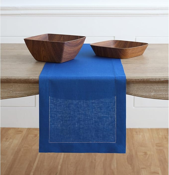 Solino Home Linen Royal Blue Table Runner 120 Inches Long - 100% Pure Linen 14 x 120 Inch Table Runner for Christmas, New Year - Classic Hemstitch