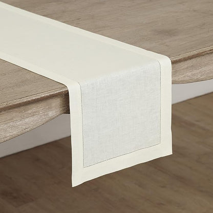 Solino Home Linen Ivory Table Runner 60 Inches - Classic Hemstitch, 100% Pure Linen Coffee Table Runner 14 x 60 Inch Ideal for Dresser Tables - Christmas, Holiday, New Year
