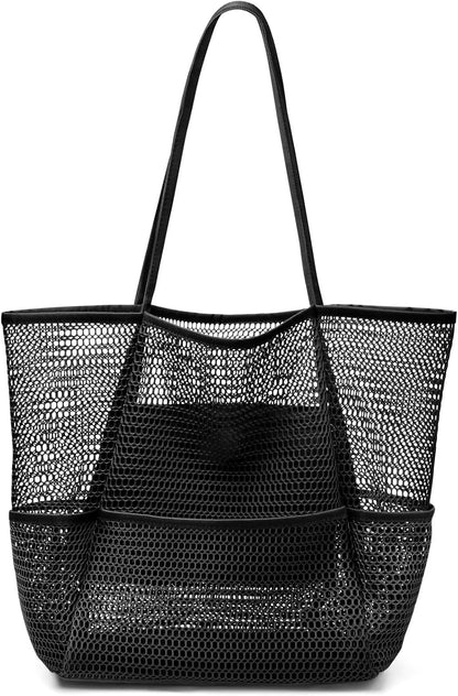 KPX Beach Bag with Mini Pocket, Beach Tote Bags for Women Large Foldable Mesh Swimming Pool Travel Bags - Sandproof