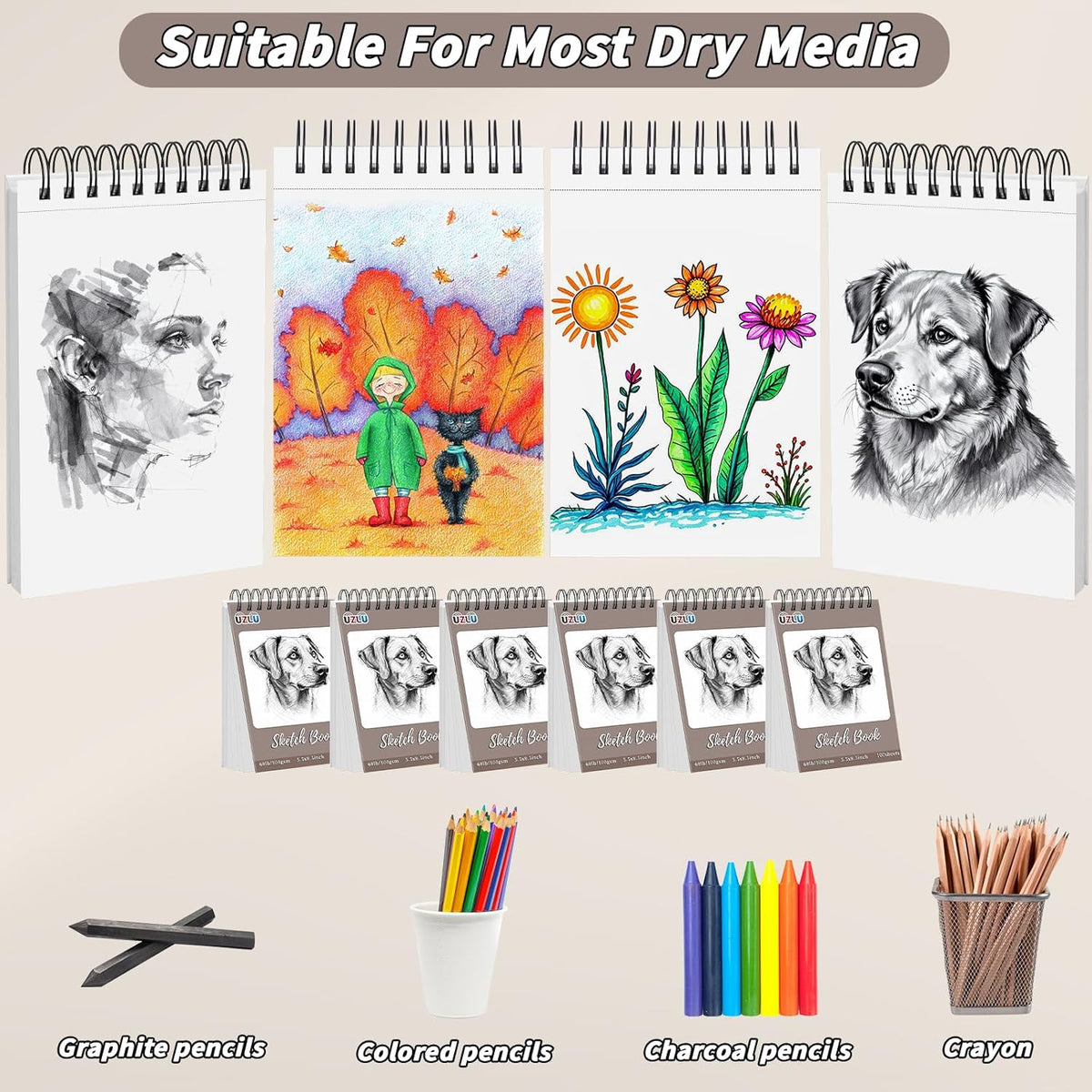 6 Pcs Sketch Book Bulk 5.5 x 8.5 In,600 Sheets Total Drawing Paper Pad Top Spiral Bound Sketch Pad Mixed Media Sketchbook 68lb/100gsm Thick Paper Acid Free Art Supplies for Kid Adult Painting Beginner Artist