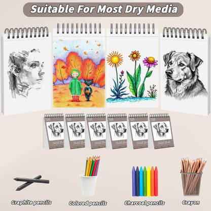6 Pcs Sketch Book Bulk 5.5 x 8.5 In,600 Sheets Total Drawing Paper Pad Top Spiral Bound Sketch Pad Mixed Media Sketchbook 68lb/100gsm Thick Paper Acid Free Art Supplies for Kid Adult Painting Beginner Artist