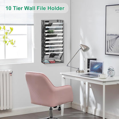 10-Tier Wall File Organizer, Hanging Mail Organizer Wall Mounted Paper Document Holder, Metal Clipboard Storage Basket for Office Home School Organization, Black
