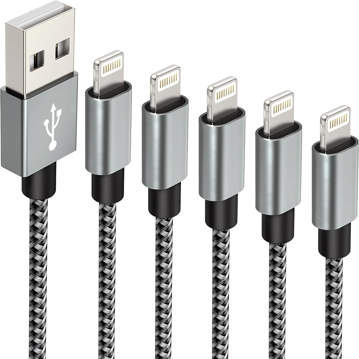 IDISON [MFi Certified iPhone Charger, 5Pack(3/3/6/6/10FT) iPhone Charging Cable Nylon Braided Fast Charging Cord Compatible for iPhones/Pad-BlackGrey