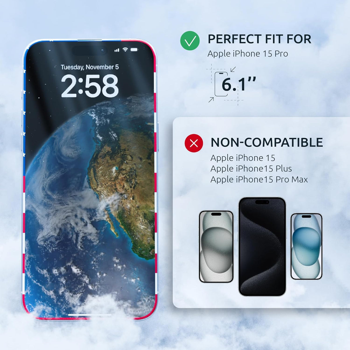 15 Pro Screen Protector for iPhone – (2-Pack) USA Flag & Black Frame Design - Tempered Glass Screen Protector for iPhone 15 Pro 9H Hardness Full Coverage - Oleophobic Coating with Easy Installation