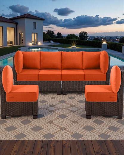 Luxury 24x24x6 Outdoor Seat Cushions for 6-Seat Sectional Sofa Set of 6 - Water-Repellent 14-Piece Patio Cushion Set for Outside Rattan Wicker Loveseat Chair L-Shape Couch - Orange/Classic