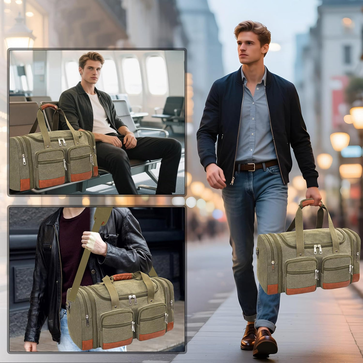 Canvas Duffle Bag For Travel, 50L Expandable Carry on Overnight Travel Duffel Bags with Laptop Compartments Weekend Gym Bag for Men(Green)