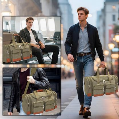 Canvas Duffle Bag For Travel, 50L Expandable Carry on Overnight Travel Duffel Bags with Laptop Compartments Weekend Gym Bag for Men(Green)