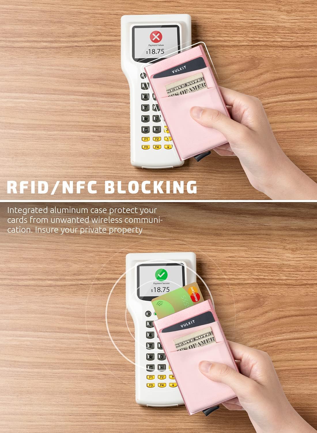VULKIT Card Holder with Money Pocket Pop Up Wallet RFID Blocking Slim Metal Bank Card Case Holds 5 Cards and Notes
