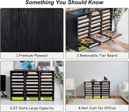 TQVAI Wood Adjustable Literature Organizer Desktop File Sorter Mail Center Paper Storage Cabinet Home & Office Mailbox School Classroom Keepers, 27 Slots Compartments, Black/Archaize