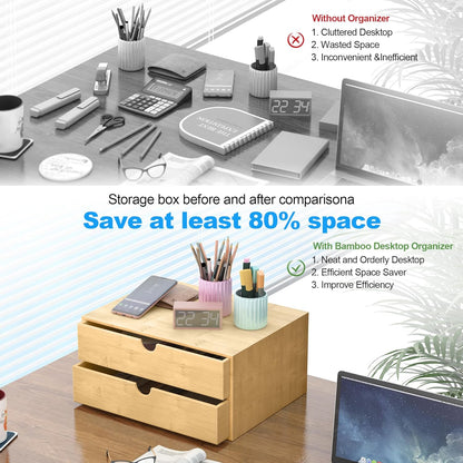 Bamboo Desk Drawer Organizer, Large Desktop Organizer with Drawers Tabletop Storage Organization Box for Office Home Toiletries Supplies Vanity, No Assembly Required (2 Drawer)