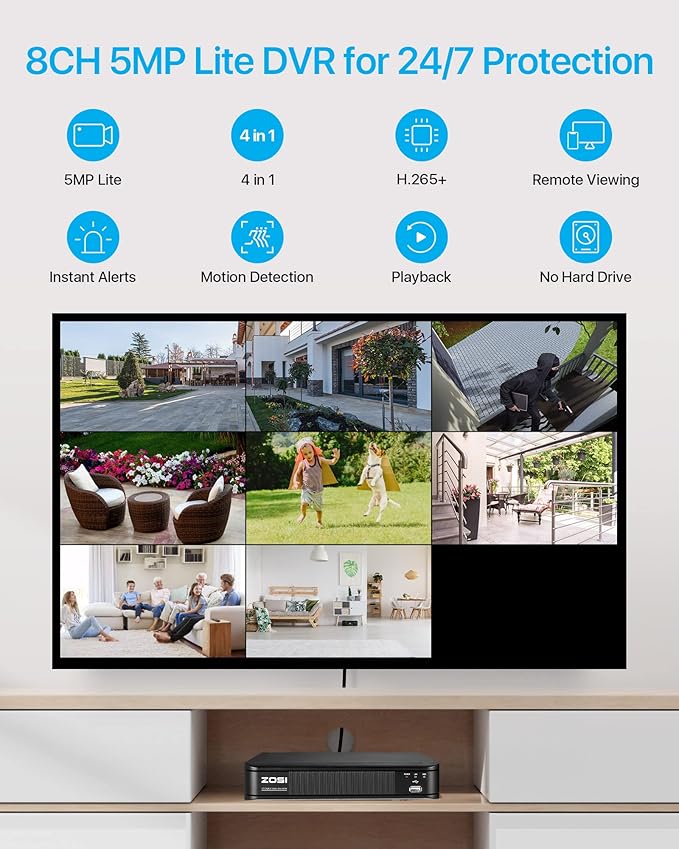 ZOSI 1080p H.265+ Security Camera System for Home, 5MP Lite 8 Channel CCTV DVR and 8 x 1080p Weatherproof Bullet Cameras Outdoor Indoor with 120ft Night Vision and 105°Wide Angle (No HDD Included)