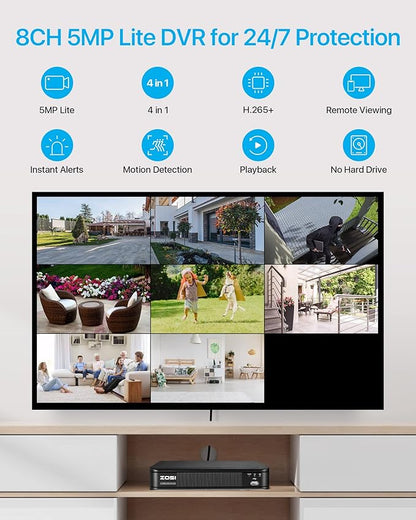 ZOSI 1080p H.265+ Security Camera System for Home, 5MP Lite 8 Channel CCTV DVR and 8 x 1080p Weatherproof Bullet Cameras Outdoor Indoor with 120ft Night Vision and 105°Wide Angle (No HDD Included)
