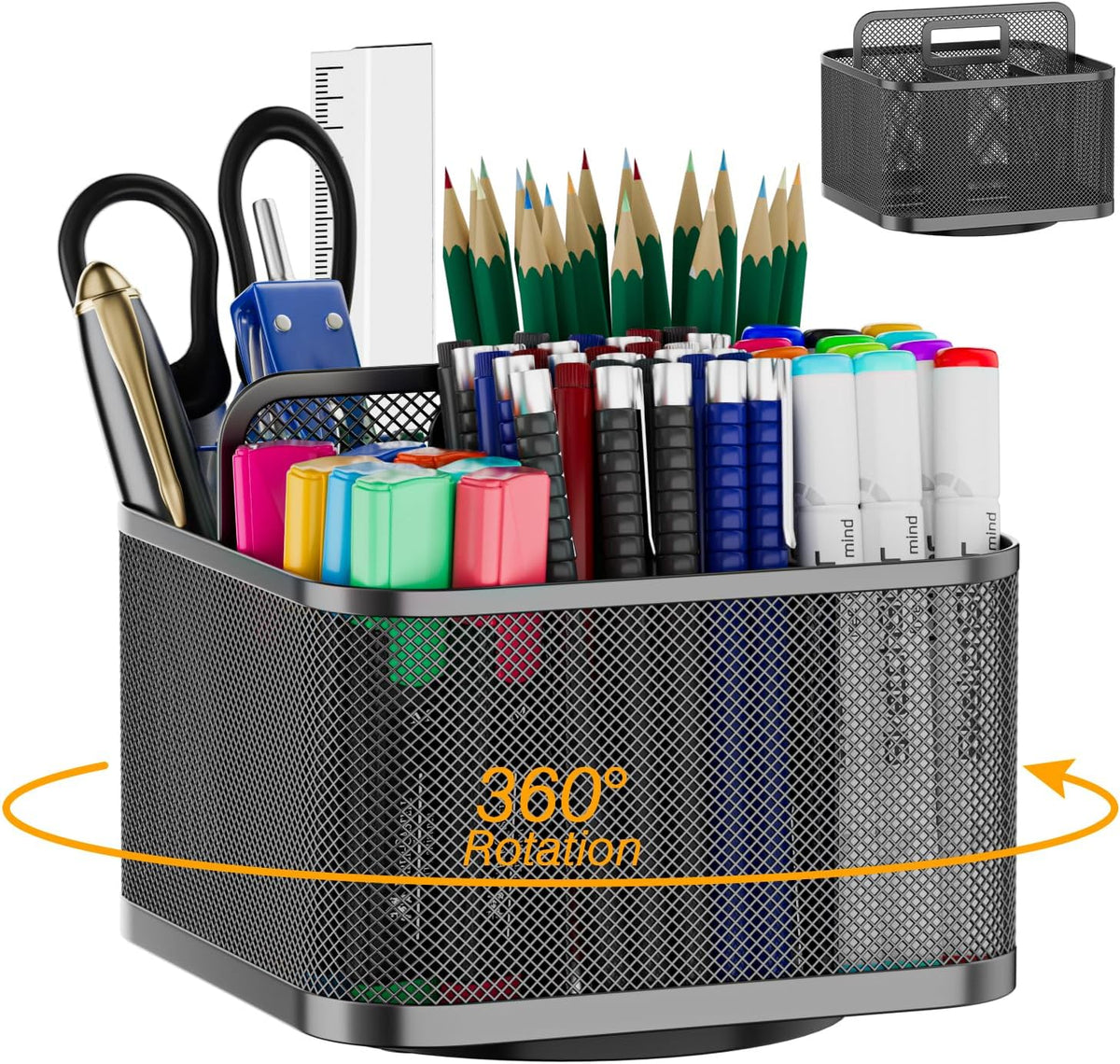 LUCYCAZ 360 Rotating Metal Pencil Pen Holder for Desk, Rotating Pencil Cup with 5 Slots, Dual-Purpose Desk Pen Organizer for Office, School, Home, Square
