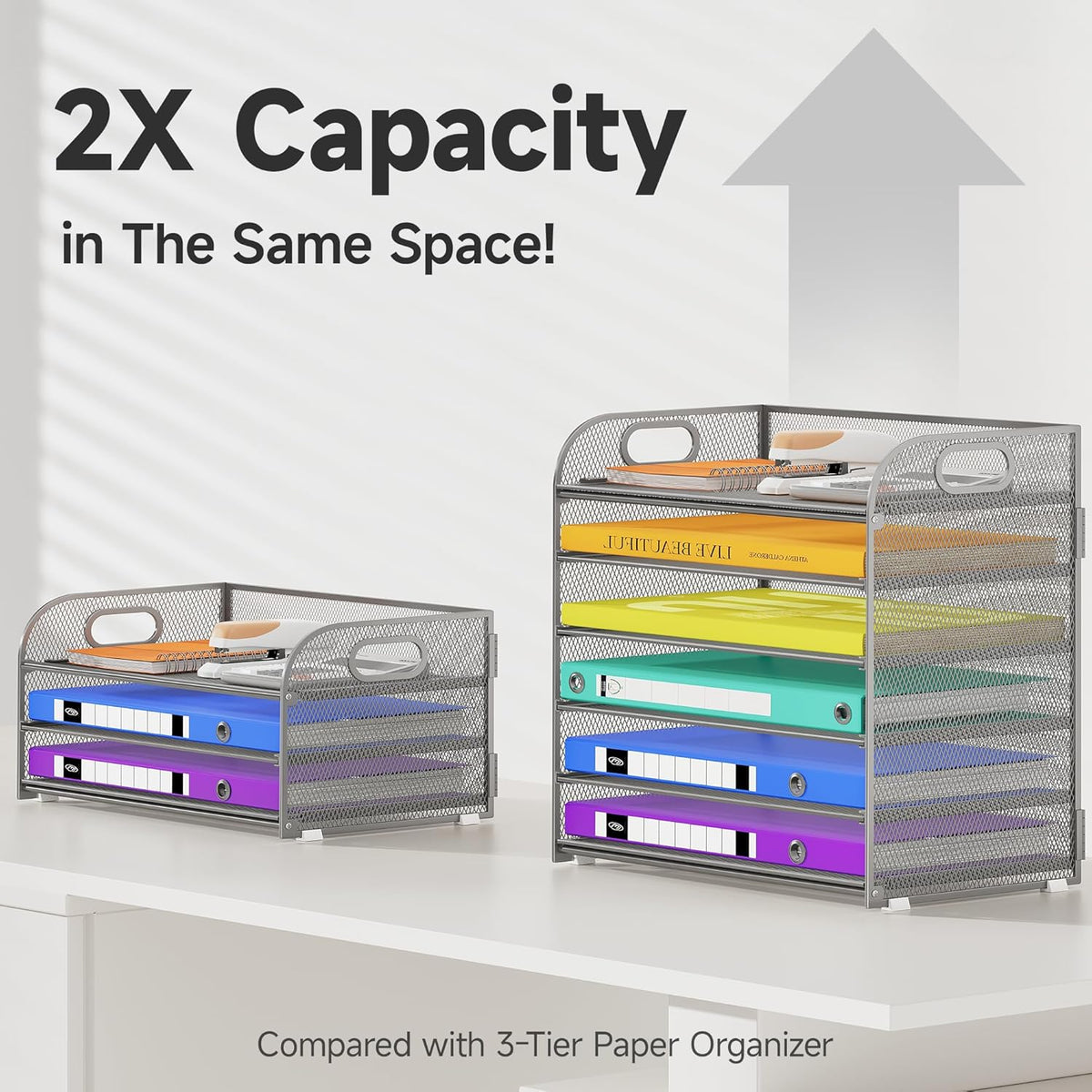 6 Tier Paper Organizer with Handle, Metal Desk Organizer Mesh Paper Letter Tray Desktop File Folder Document Sorter for Classroom, School, Office Accessories Organization and Storage - Silver
