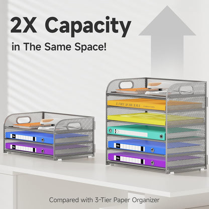 6 Tier Paper Organizer with Handle, Metal Desk Organizer Mesh Paper Letter Tray Desktop File Folder Document Sorter for Classroom, School, Office Accessories Organization and Storage - Silver