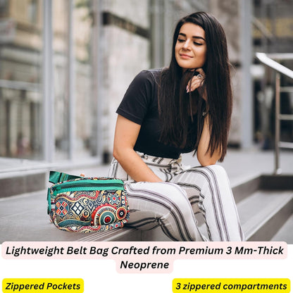 Yewande&co Neoprene Fanny Pack Belt Bag – Lightweight Waterproof Waist Bag with Adjustable Strap, 3 Zippered Pockets, Crossbody Belt Bag for Travel, African Design Crossbody Bags (Circus)