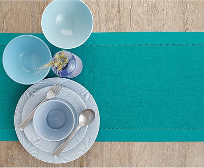 Solino Home Linen Teal Table Runner 108 Inches Long - 100% Pure Linen Hemstitch 14 x 108 Inch Table Runner for Dining, Christmas, New Year - Classic Hemstitch