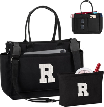 Gifts for Women Teen Girls, Initial Tote Bag with Zipper, Letter Canvas Tote Purse for College Work Laptop Beach