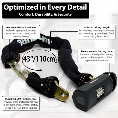 KOHLBURG Heavy Duty Combination Bike Lock [Sold Secure Gold] 43" Long with Maximum Security – Anti Theft Bike Chain Lock with Numeric Code & 8mm Hardened Steel for Bicycle, Ebike, & Motorcycle