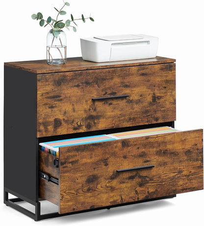 VASAGLE Lateral File Cabinet, Home Office Printer Stand, 2-Drawer Filing Cabinet, with Anti-tip Interlocking Mechanism, for A4, Letter-Size, Legal-Size Hanging Files, Rustic Brown and Ink Black