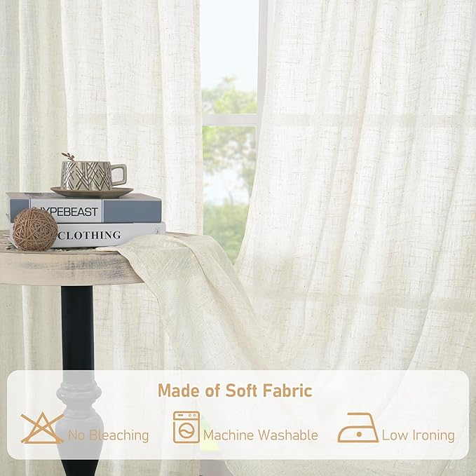 LAMIT Semi Sheer Linen Curtains 96 inches Long 2 Panels Set, Light Filtering Semi Sheer Panels Back Tab and Rod Pocket Floor to Ceiling Curtains for Bedroom/Living Room, Cream, 52 x 96 Inch