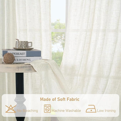 LAMIT 120 inch Semi Sheer Linen Curtains for Living Room, Cream Back Tab and Rod Pocket Curtains Light Filtering Country Rustic Neutral Drapes for Bedroom/Farmhouse, 2 Panels, 52 x 120 Inch