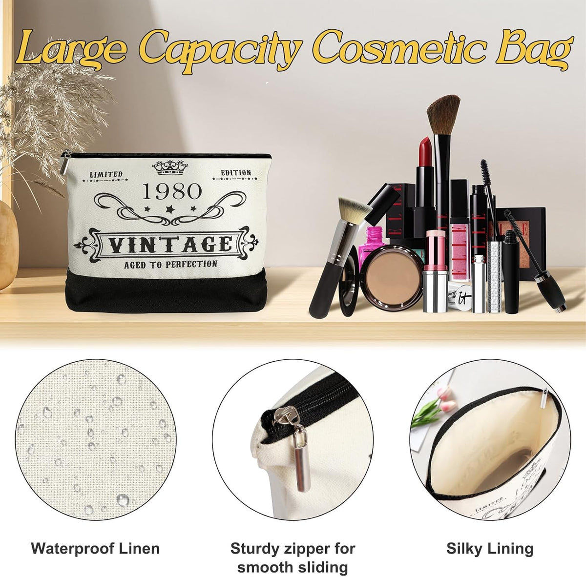 45th Birthday Gifts for Women Canvas Tote Bag Travel Gear, Unique 45 Years Old Birthday Gifts for Mom Wife Aunt Friends Her, Vintage 1980 Handbag & Cosmetic Bag & Back in 1980 Poster