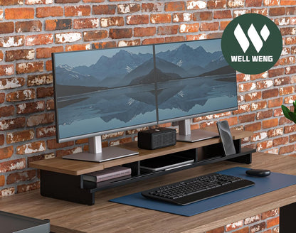 Monitor Stand Dual Monitor Stand Riser for Desk,Wood Desk Shelf Storage Organizer with Phone Tablet Holder (42.5 Inch, Black & Dark Bamboo)