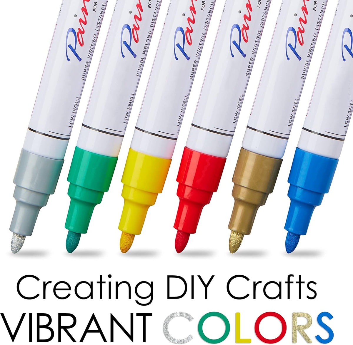 Paint markers, 6 colors oil-based waterproof quick dry permanent pen set for rocks painting, wood, fabric, plastic, canvas, glass, metal, tire, stone, diy craft (Gold Sliver Red Yellow Blue Green)