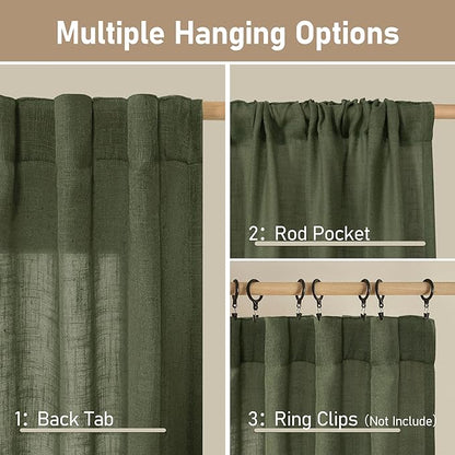 LAMIT Linen Curtains 60 Inch Length 2 Panels, Light Filtering Panels Back Tab and Rod Pocket Neutral Drapes for Bedroom/Window/Living Room, Olive Green, 34 x 60 Inch