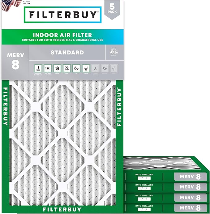 Filterbuy 8x20x1 Air Filter MERV 8 Essential Dust & Allergy Defense (5-Pack), Electrostatic Pleated HVAC AC Furnace Filters Replacement, Made in USA (Actual Size: 8.00 x 20.00 x 0.75)