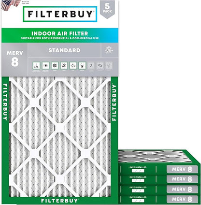 Filterbuy 8x20x1 Air Filter MERV 8 Essential Dust & Allergy Defense (5-Pack), Electrostatic Pleated HVAC AC Furnace Filters Replacement, Made in USA (Actual Size: 8.00 x 20.00 x 0.75)