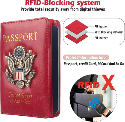 Coowayze US Passport Holder Wallet for Travel Men Women Red RFID Passport Cover Case, Waterproof Red Leather Passport Book Protector with Vaccine Card Slot Travel Document Organizer