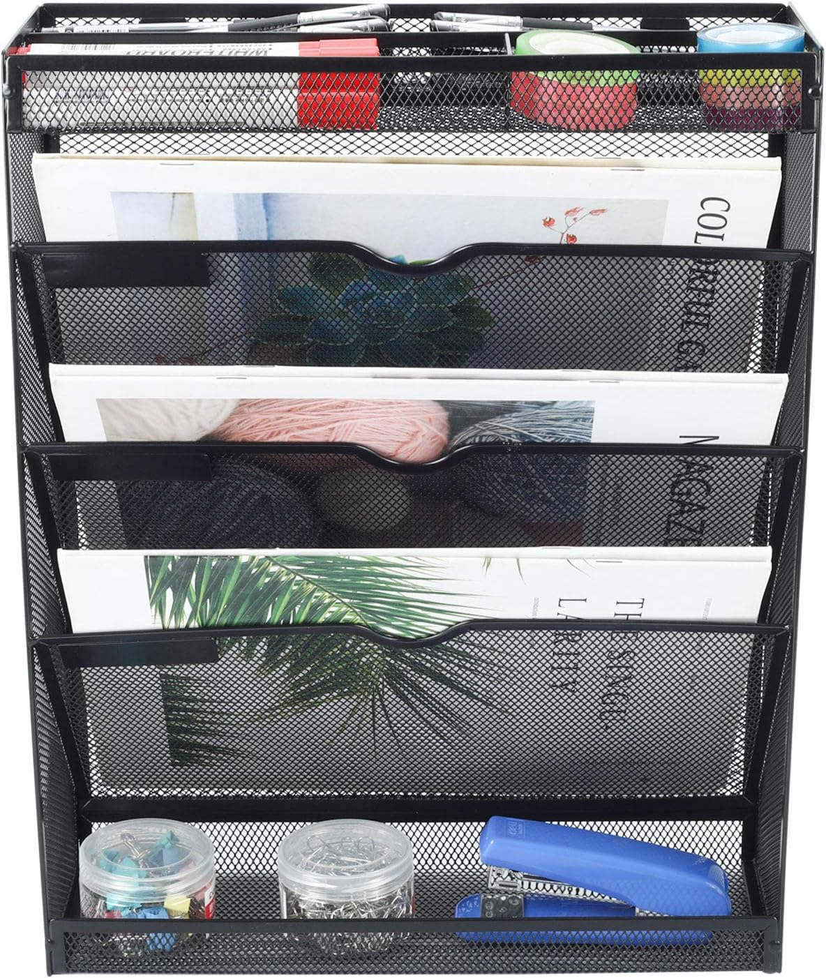 EasyPAG Desk File Organizer Mesh 5-Tier Hanging Wall Mount File Holder Desktop Vertical Mail Paper Folder Holder Stand Rack with Bottom Tray and Accessories Organizer for Office Home,Black