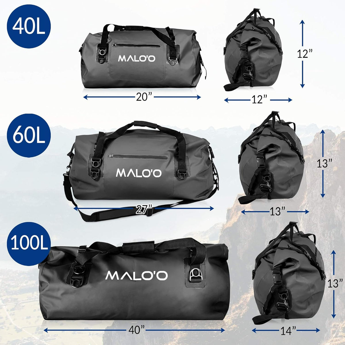 Malo’o Waterproof Dry Duffel, Heavy-Duty Roll Top Waterproof Gear Bag with Shoulder Strap & Molle Loops, Marine Duffel for Kayaking, Boating, Camping, Beach & Travel, Black, 100L