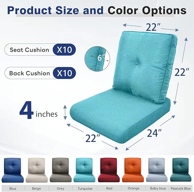 Belord Luxury 4" Thick Outdoor Cushion 10 Set - 22 x24 Inch 28D Sponge Filling Fade-Resistant Chair Cushion, Spill Proof Removable Patio Furniture Replacement Cushions for Sofa Bench Swing - Turquoise
