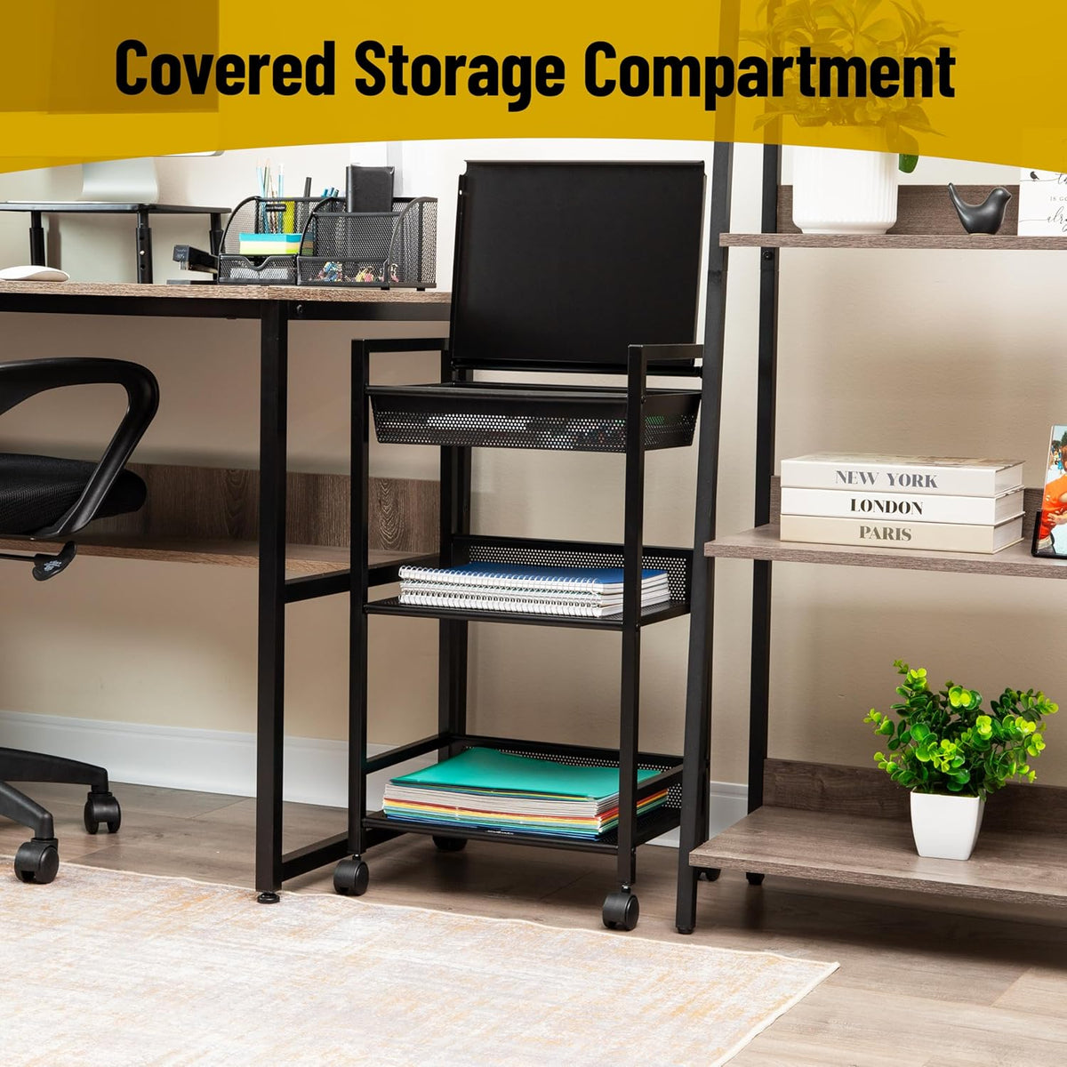 Mind Reader Cart with Covered Compartment, Office Organizer, Storage, 3-Tier, Office, Metal, 15.5" L x 11" W x 28.25" H, Black