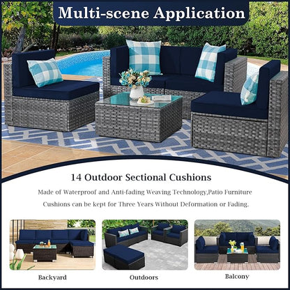 Outdoor Sectional Cushions, 4" Foam High-Density, Water-Resistant Couch Cushions Replacement Set, 14 Piece Patio Sectional Cushion for 6-Seat Sectional Patio Conversation Sets (Dark Blue)