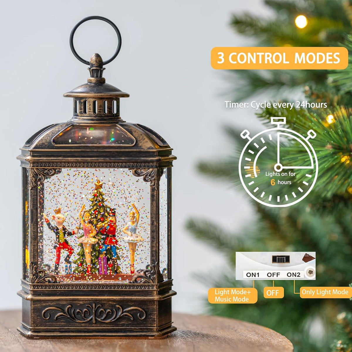 Christmas Snow Globe Lantern Water Glittering Nutcracker Ballet Stage with Music & Timer, USB Lined/Battery Operated Lighted Lantern for Christmas Festival Decoration Gifts