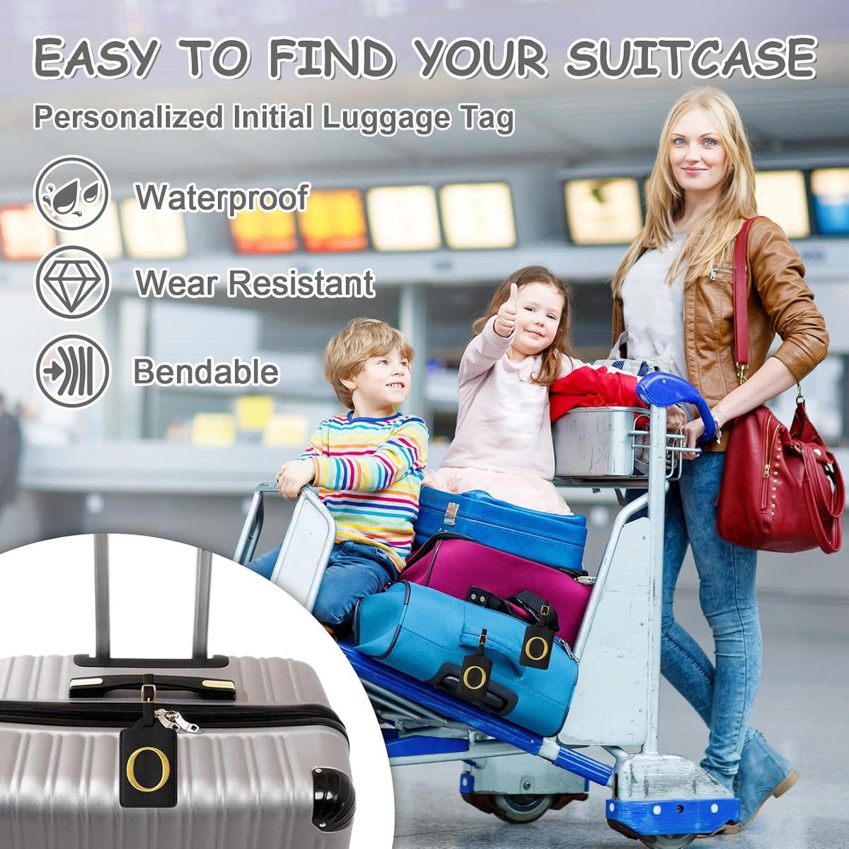 Initial Letter Luggage Tags for Suitcases, Personalized Embroidered Letter Luggage Bag Suitcase Identifier Name Tag, Cute PU Leather Travel Luggage Tags, Bag Tags for Luggage Handbags(Black O)