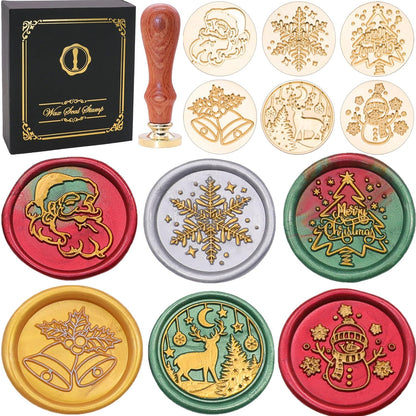 SWANGSA Christmas Wax Seal Stamp Gift Box Set, Vintage 6 Sealing Stamp Heads + 1 Wooden Hilt, Wax Stamp Kit for Christmas Party Invitations, Cards and Gift Packaging (Christmas Kit)