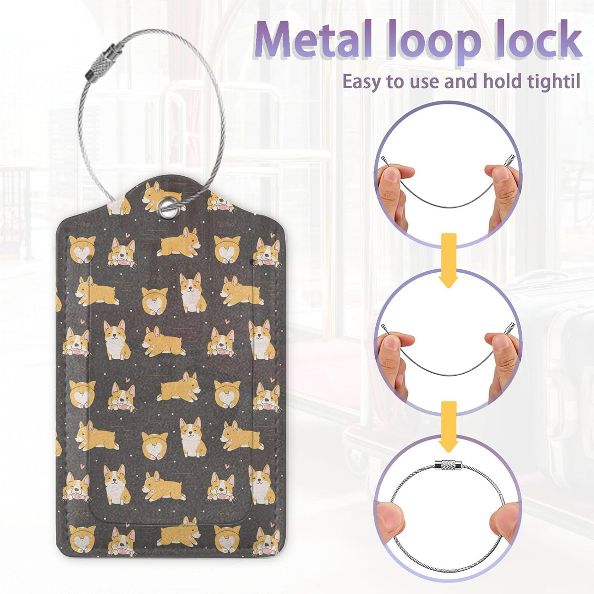 2Pcs Luggage Tag for Suitcase Funny Corgi Dog Cute Suitcase Tag with Privacy Flap & Name ID Label & Metal Loop,Travel Bag Luggage Tags for Women