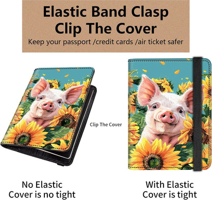 Passport and Vaccine Card Holder Cover Combo,Travel Passport Holder Wallet with RFID Blocking, Leather Vaccine Card Slot Passport Cover Case for Women & Men,Cute Baby Pig and Sunflower