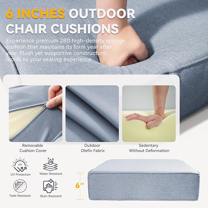 Outdoor Cushion Set for Furniture Patio Furniture, UV Resistant, Water Resistant - 6 Inch Thick Foam Garden Cushions– 24x24 Inch Patio Seat Covers for Chair/Sofa/Couch | Baby Blue | 8-Pack |